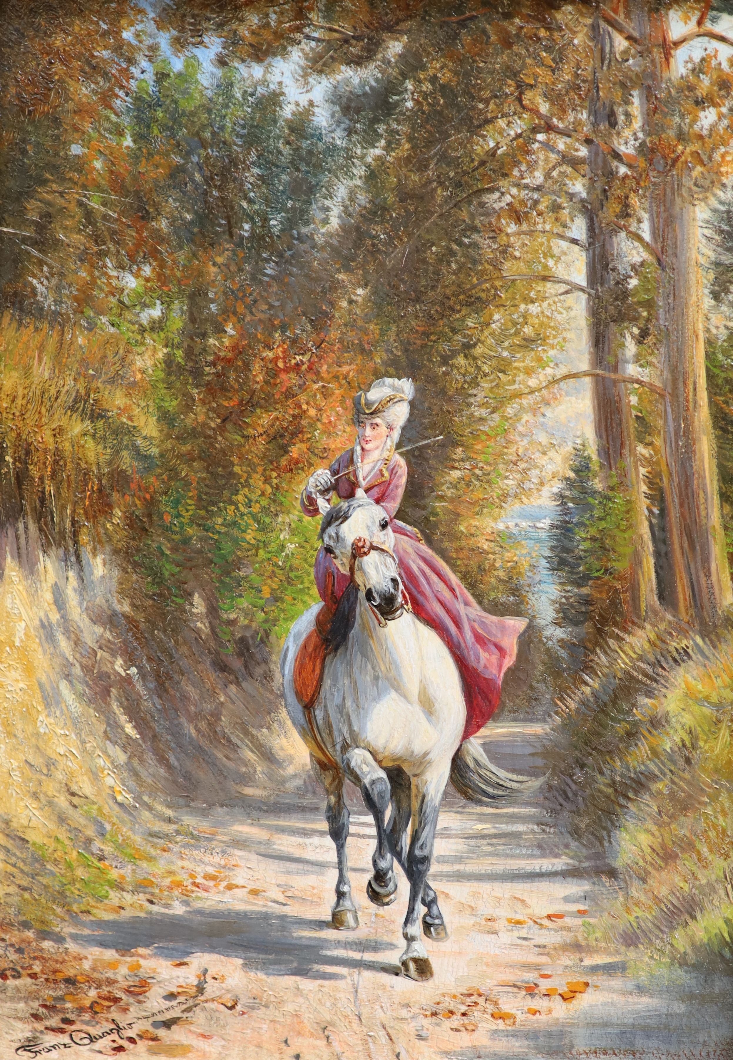 Franz Quaglio (German, 1844-1920), Equestrians on country lanes, Pair of oils on wooden panels, 21 x 15cm.